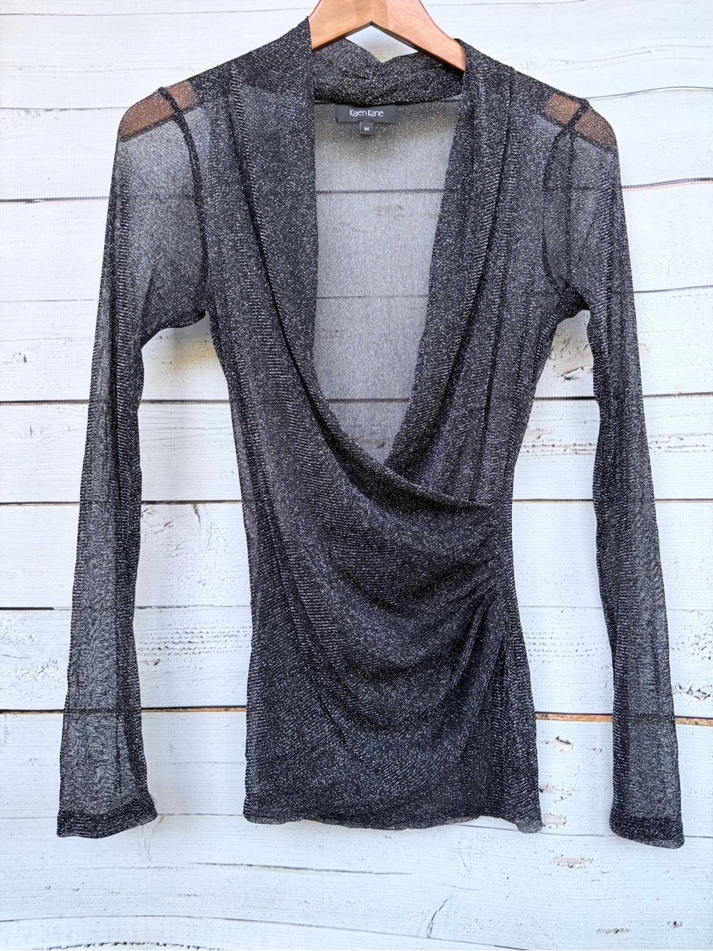 Karen Kane Metallic Shimmer Drape Neck Faux Wrap Top Size Medium